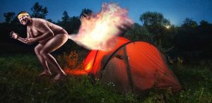 drunk man farting on a tent